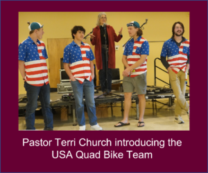 pastor Terri introducing the USA quad bike team